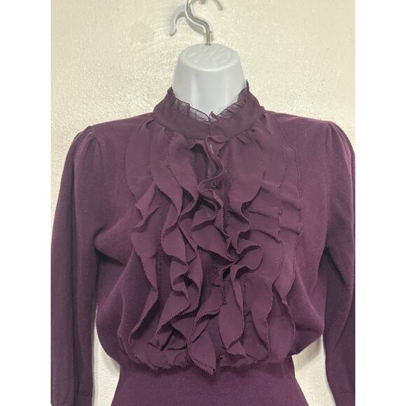 VTG 90s Y2K Ruffle Neck Tunic Sweater L Purple City Preppy Equestrian RL Vibes - Picture 1 of 13